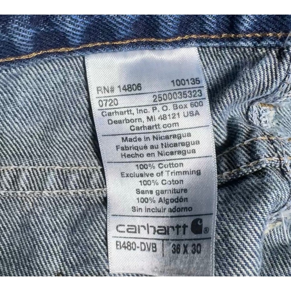 Carhartt Jeans Mens 36x30 Blue Solid Relaxed Fit B480-DVB Denim Work Pants - Picture 3 of 4